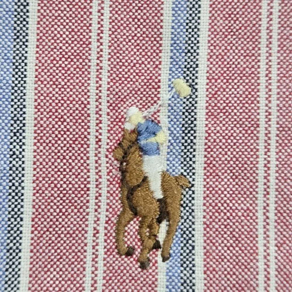 VINTAGE Ralph Lauren Men Button Up Shirt M Red Striped Logo Embroidered Collar‎